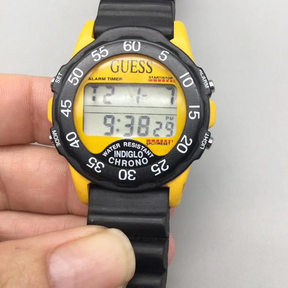 Vintage Guess Indiglo Chrono Men Watch 40mm Yellow Dial Black Rubber New Battery